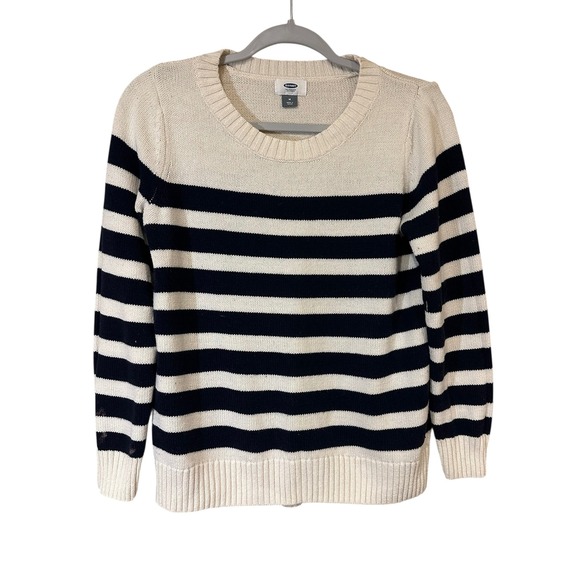 Old Navy Striped Crew Neck Long Sleeve Knit Sweater Cream Navy Medium - Picture 1 of 5